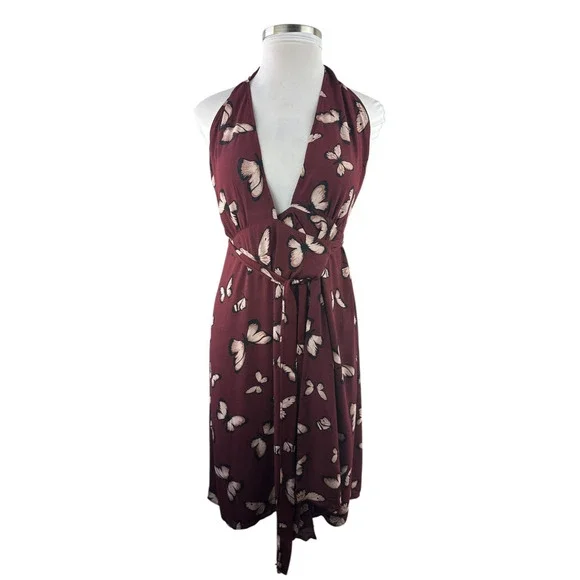 Reformation Johnson Dress Wrap Halter Tie Butterfly Print Burgundy Women's Large - Picture 2 of 15